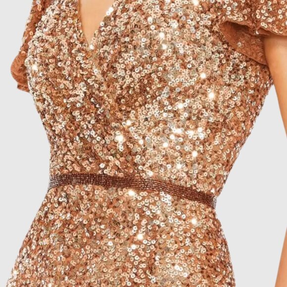 Mac Duggal Size 16 Copper Sequin Beaded V-Neck Short Sleeve Long Maxi Gown Dress - Picture 4 of 5